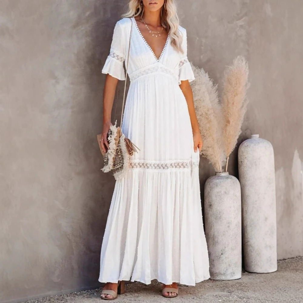 Womens Spring Summer Short Sleeve Solid Color Lace Trim Collar Long Dress